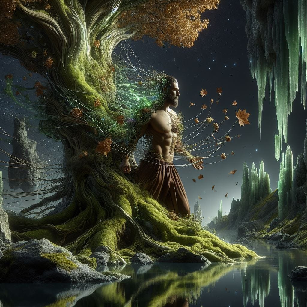 Hyper realistic; Close up heroic man wearing dark brown silk pants merging into tree. Man has no shirt. Border green moss cave,stalagmites and reflecting water. peridot dome over his head. black sky is made of see through layers of crystal which crack in the foreground and fill the air from top to bottom. It rains ribbons of  thread made of light and yarn with bits of brown leaf and green leaf. Tiny stars everywhere. Ethereal. Luminescent                             ethereal