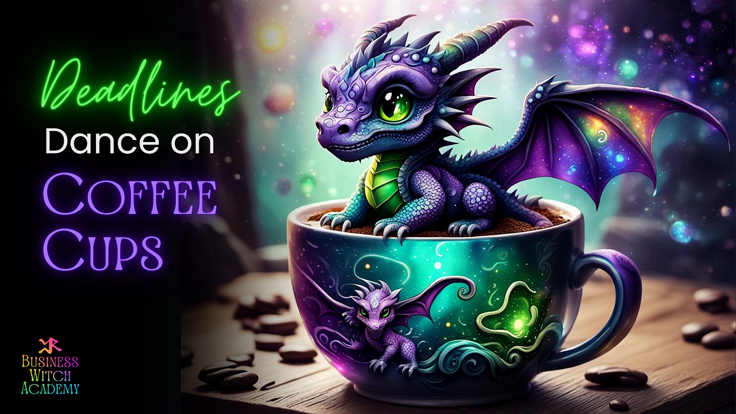 “Deadlines Dance on Coffee Cups” title image of a vibrant purple dragon sitting in a coffee cup