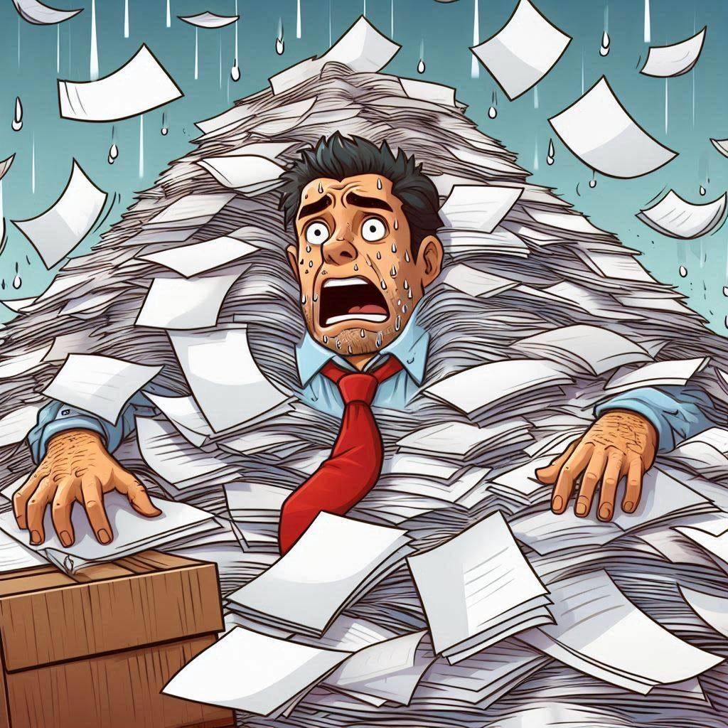 drowning in avalanche of paperwork. cartoon.