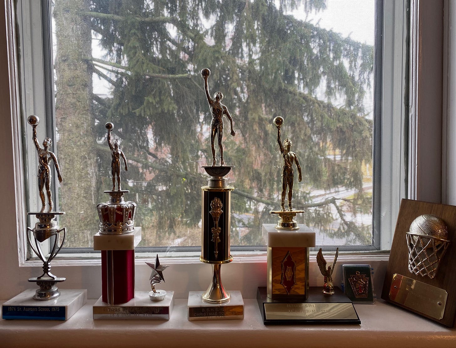 Photo of four basketball trophies (with girl figure holding ball above her head in one hand), one medal, and one plaque. They are sitting on a windowsill with a pine tree in the background.