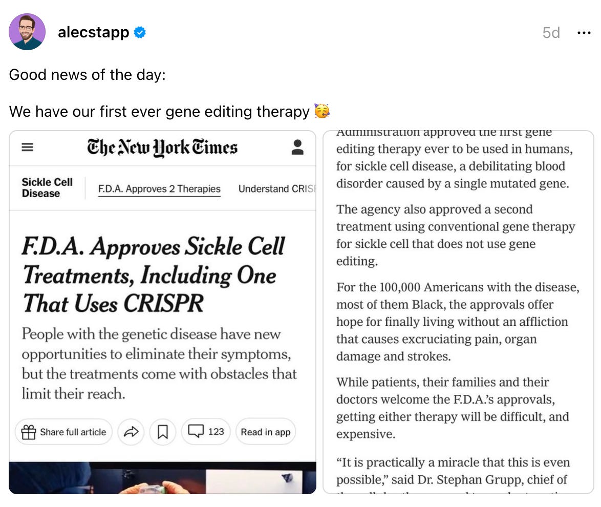  alecstapp's profile picture alecstapp 5d Good news of the day: We have our first ever gene editing therapy 🥳
