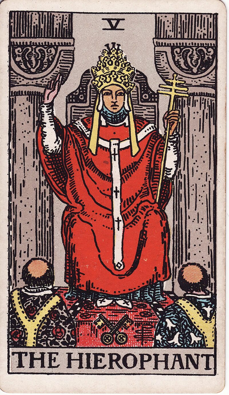 The Hierophant, Rider-Waite-Smith Tarot, 1911. Art by Pamela Colman-Smith.