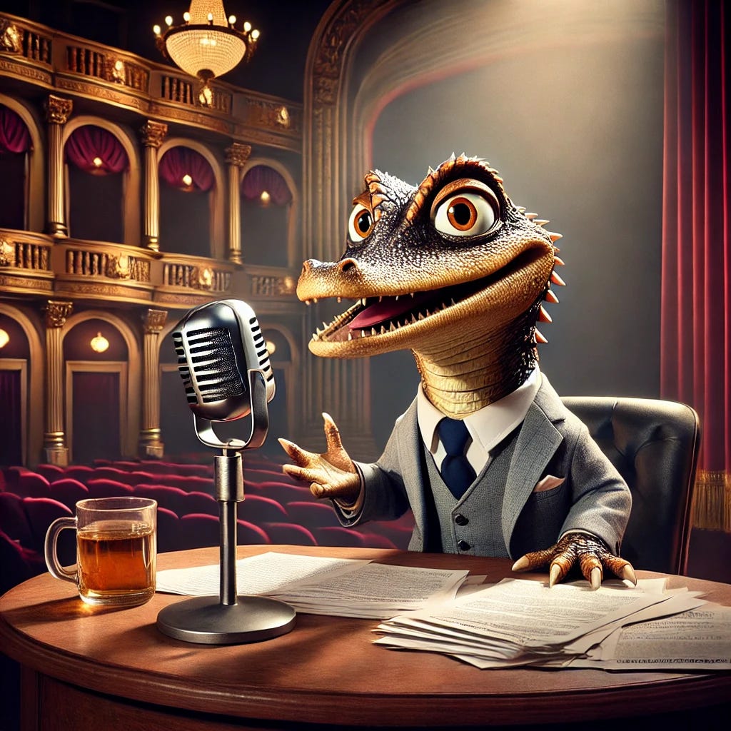 Create an image of Croaky, a small, cute anthropomorphic gator with a sharp, witty expression, sitting at a news desk with a pile of papers and a microphone, wearing a stylish suit. The background is a blend of an ornate theater stage and a modern podcast studio, symbolizing a theatrical critique of current events. Croaky should be gesturing animatedly as if delivering a pointed monologue. The scene should have a slight satirical tone, reflecting the absurdity of political hypocrisy being discussed.