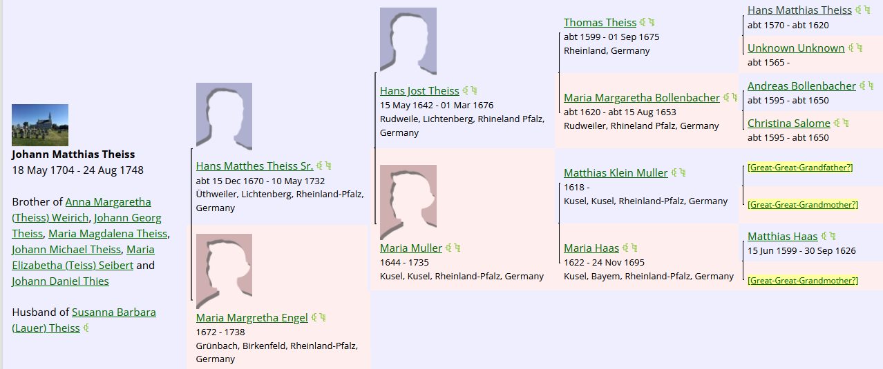 screenshot of ancestry chart for Johann Matthias Theiss