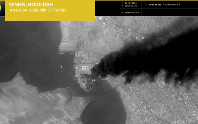 This photo released by ImageSat International on July 21, 2024, shows damage to Hodeida Port in Yemen following an IDF airstrike on July 20, 2024. (ImageSat International)