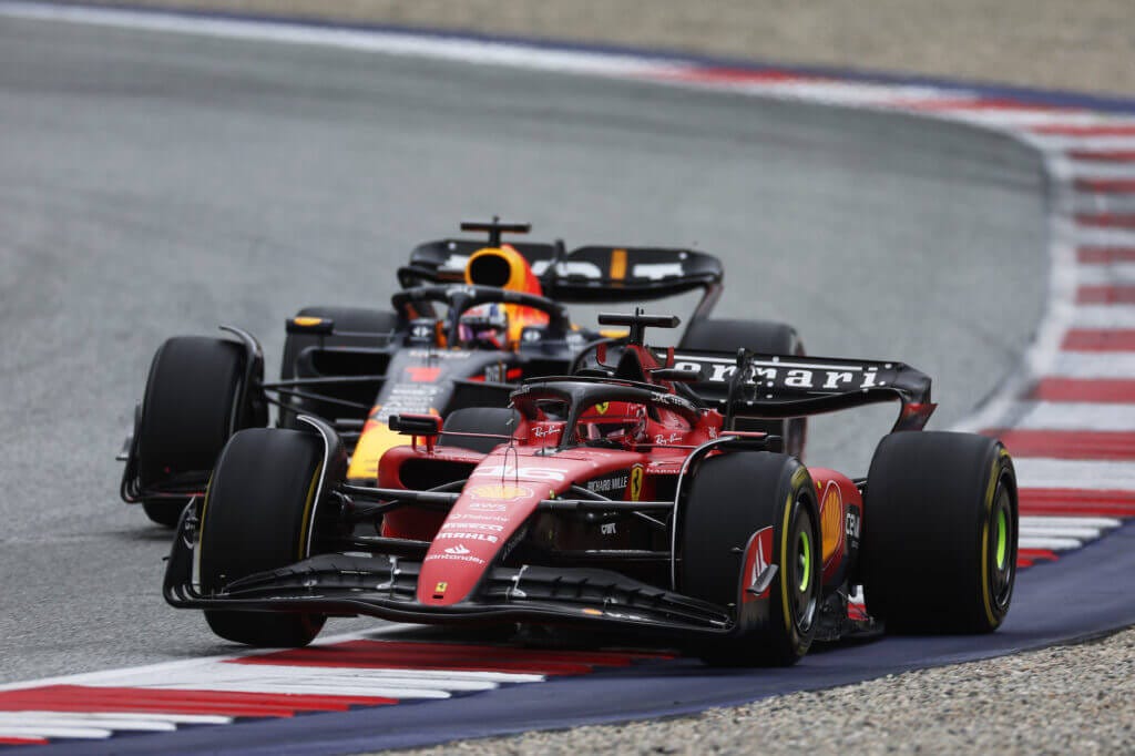 SPIELBERG, AUSTRIA - JULY 02: Charles Leclerc of Monaco driving the (16) Ferrari SF-23 leads Max Verstappen of the Netherlands driving the (1) Oracle Red Bull Racing RB19 on track during the F1 Grand Prix of Austria at Red Bull Ring on July 02, 2023 in Spielberg, Austria. (Photo by Lars Baron/Getty Images)