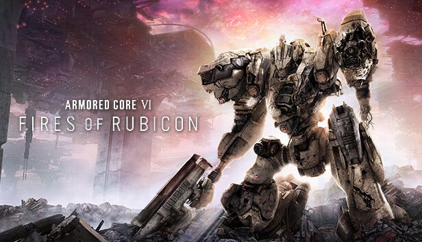 The promotional banner art for Armored Core VI: Fires of Rubicon, which is an expanded look at the cover art, and includes the game's title and logo. An AC is off to the right, looking as if it just went through a rough battle, guns lowered, waiting.