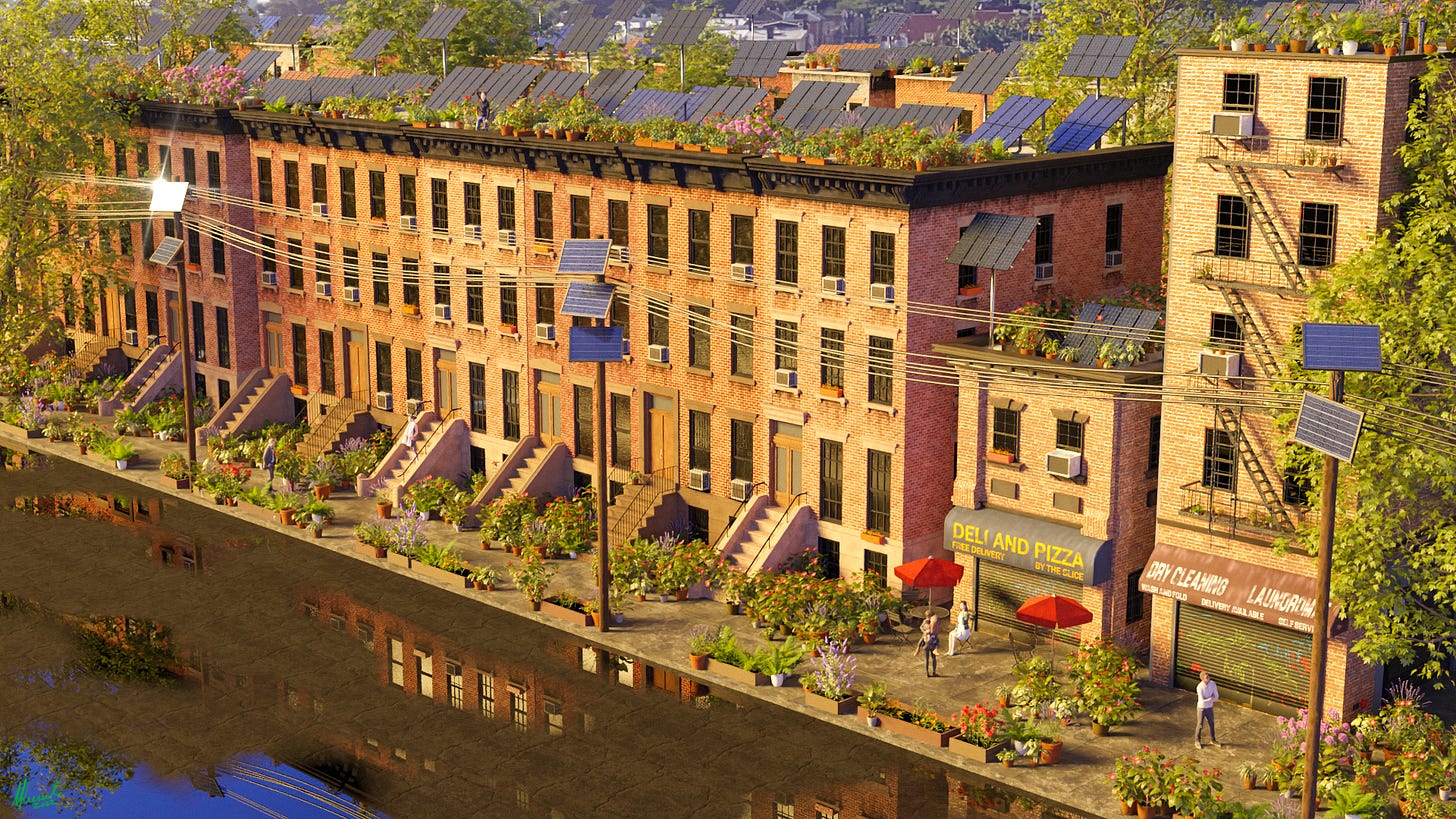 A solarpunk New York City street covered in plants and solar panels.