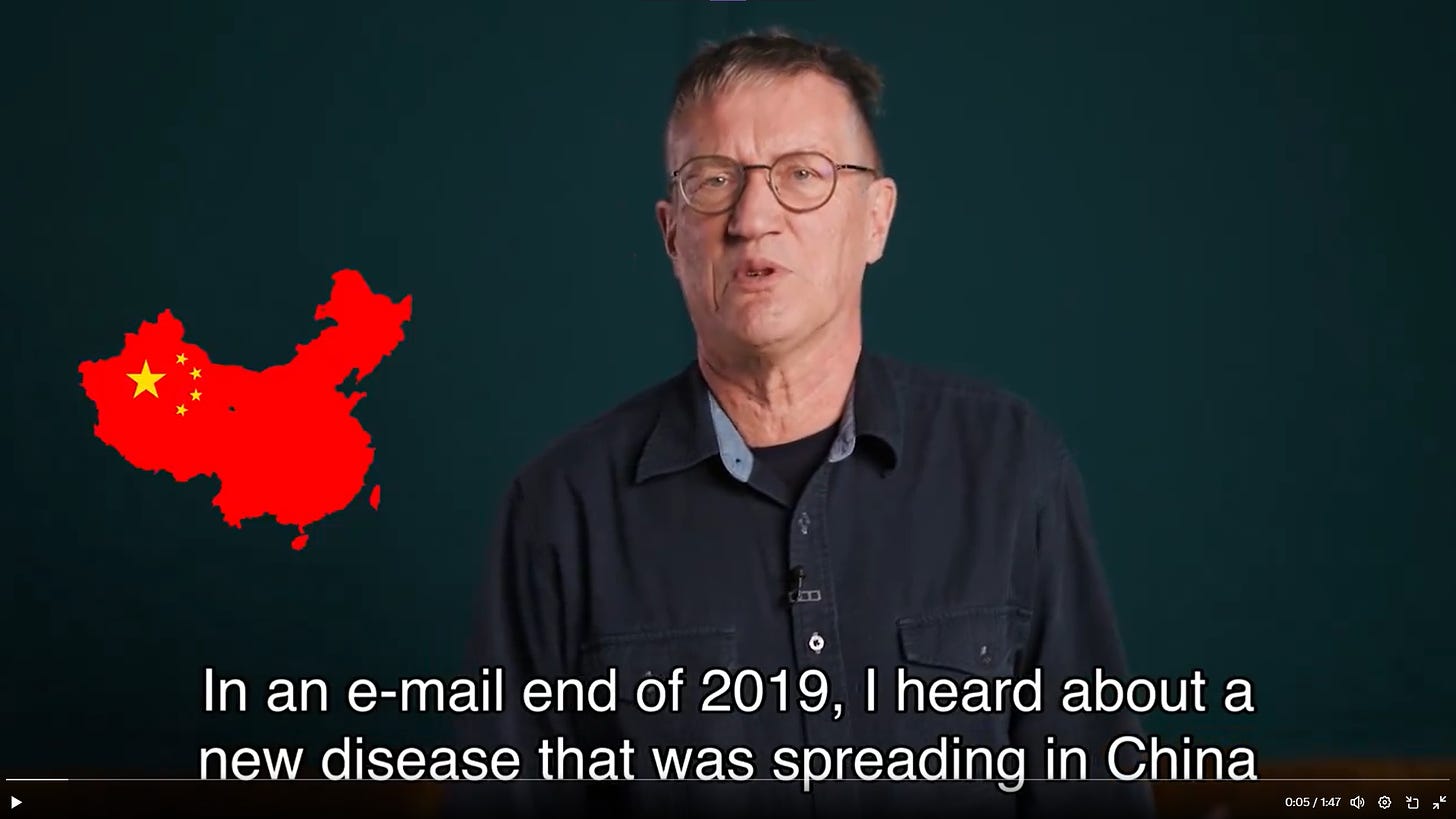a screencap of Tegnell's pitch video, with a random picture of China and the subtitles "In an e-mail end of 2019, I heard about a new disease that was spreading in China."