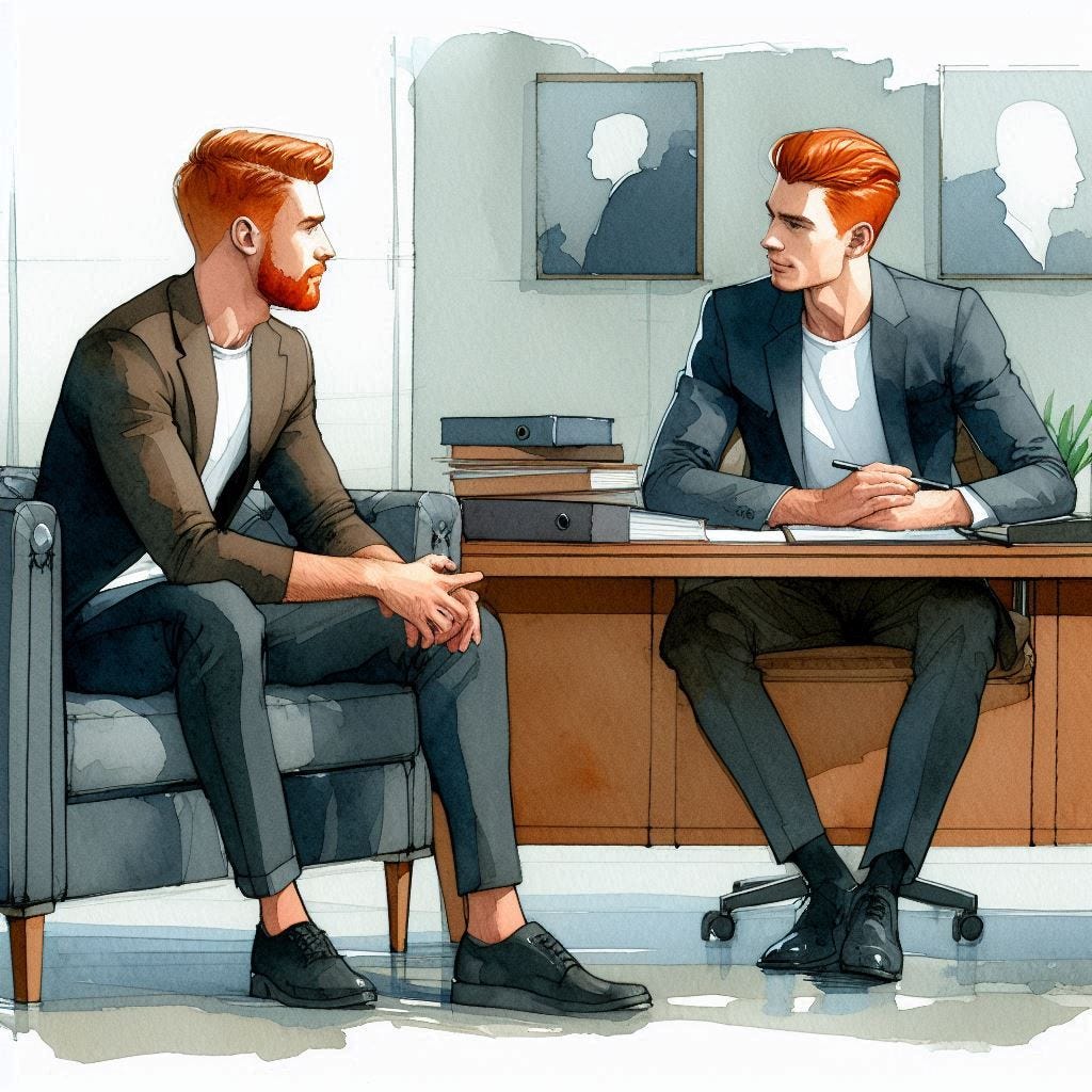 Two men in an office. Image by Bing.
