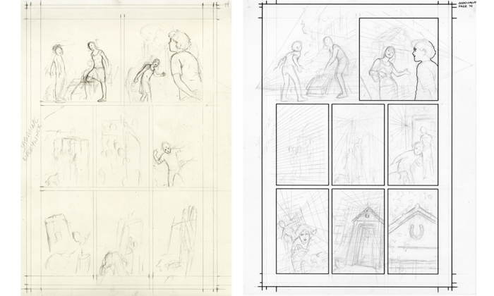 The same page from the prior image shown in its pencil stages.