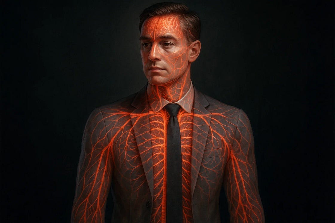 A man in a suit stares forward with a calm, serious expression. His entire body is overlaid with glowing red neural or vascular patterns, symbolizing an activated nervous system. The image visually represents internal stress, emotional intensity, and hidden trauma beneath a professional exterior.