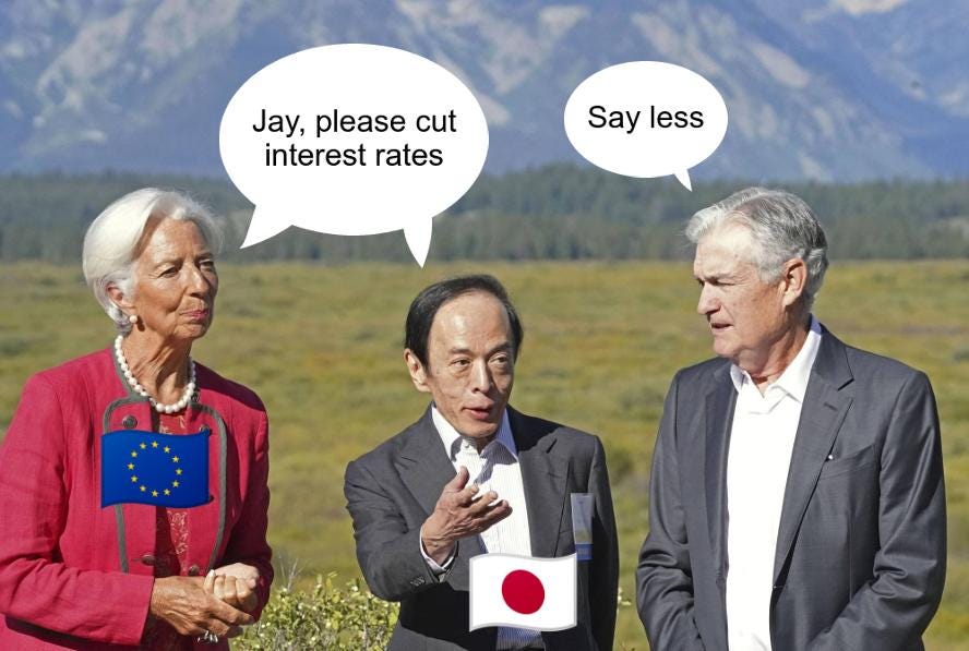 Christine Lagarde and Kazuo Ueda asking Jerome Powell to cut interest rates.