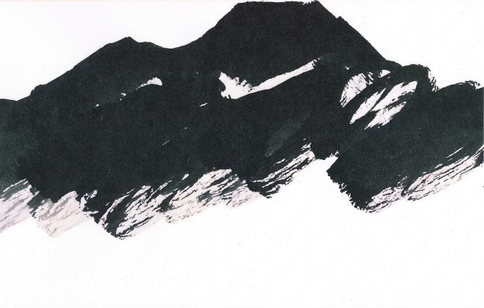 A black and white brushed ink drawing depicting the distinctive triangular shape of Mount Tamalpais. Brushstrokes render the upper outline of the mountain clearly in silhouette while wilder, dryer brush marks expressively suggest scrubs and trees on the mountain’s slopes. There is a sense of great energy in the brushwork.The image is an illustration from Etel Adnan’s book Journey to Mount Tamalpais.