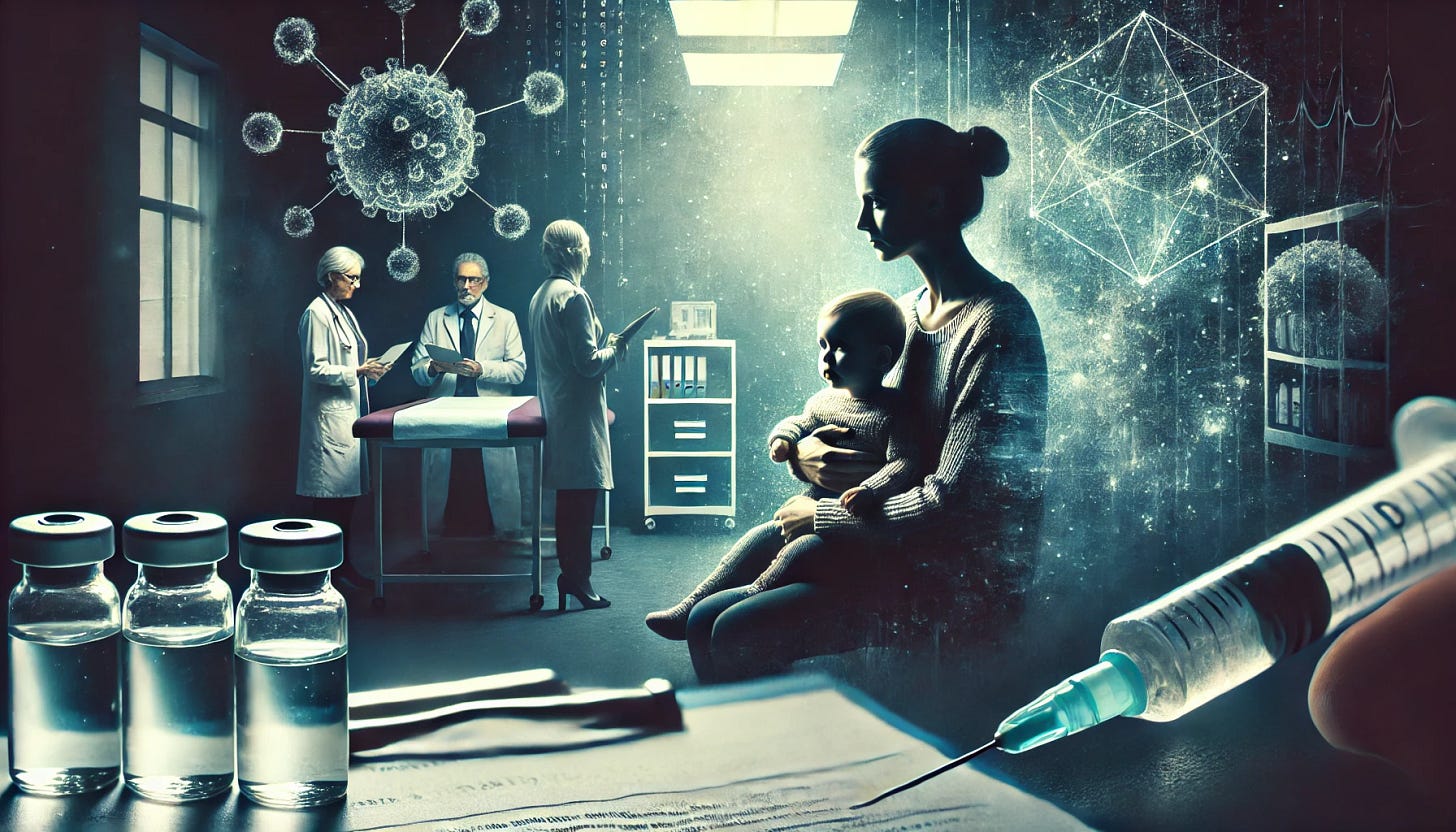 A powerful and thought-provoking digital painting depicting a concerned parent holding a child while looking at a clipboard with medical charts. The background features a dimly lit doctor's office with vaccine vials in the foreground. The composition conveys a sense of uncertainty and concern, emphasizing the weight of medical decisions for parents.