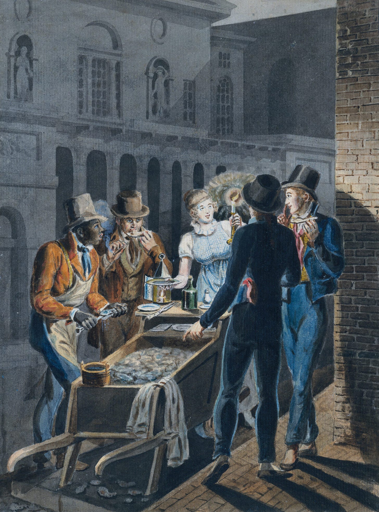 This nightlife scene in Philadelphia, attributed to the painter John Lewis Krimmel (1786-1821), shows people gathered around an oyster barrow. 