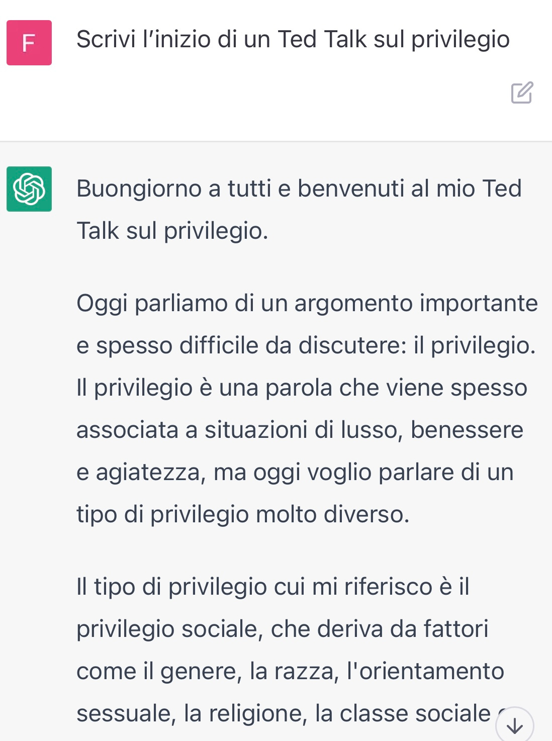 Screenshot della chat in cui chiedo a ChatGPT di scrivere l'inizio di un Ted Talk sul privilegio