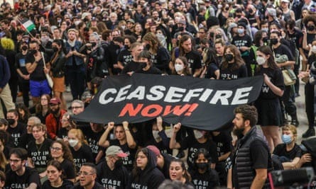 large crowd holds banner saying ‘ceasefire now’