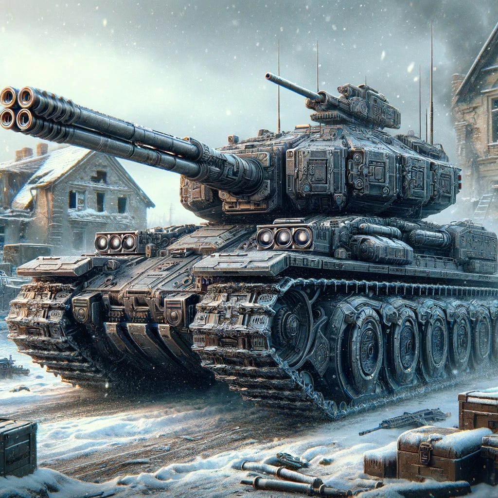 A conceptual Apocalypse Tank from an alternate history strategy game, set in a dieselpunk, war-torn European landscape. The tank is heavily armored, with twin 155mm cannons, rugged treads, and a design aesthetic reminiscent of Soviet World War II tanks, but with a more futuristic, menacing look. It's in a battlefield setting, surrounded by snow and the ruins of a European town, embodying the theme of a powerful war machine in a harsh, war-ravaged environment. The tank should look imposing and powerful, a symbol of Soviet military might in this alternate history scenario.