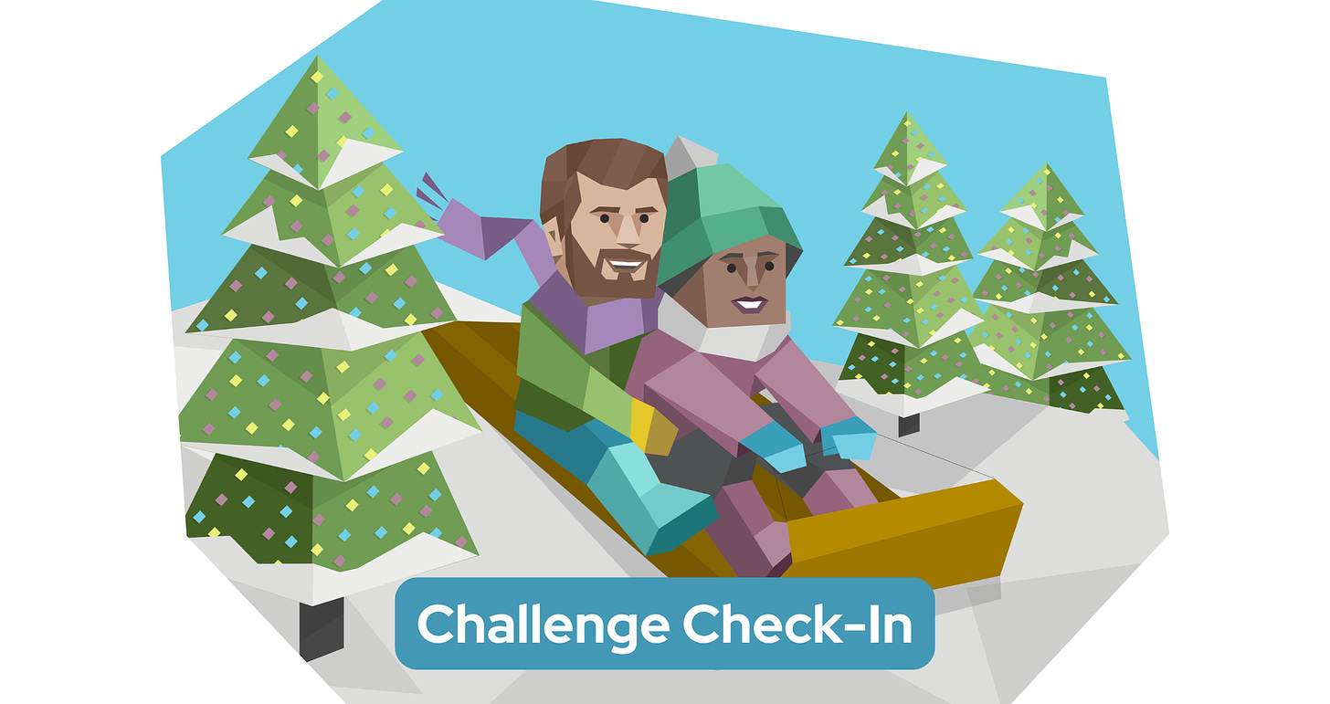 Geometric illustration showing two people sledding down a snowy hill surrounded by decorated evergreen trees. Text reads "Challenge Check-In"