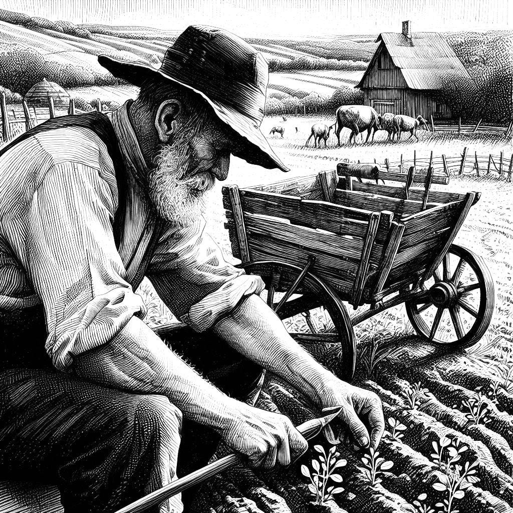 Pen and ink drawing of a farmer