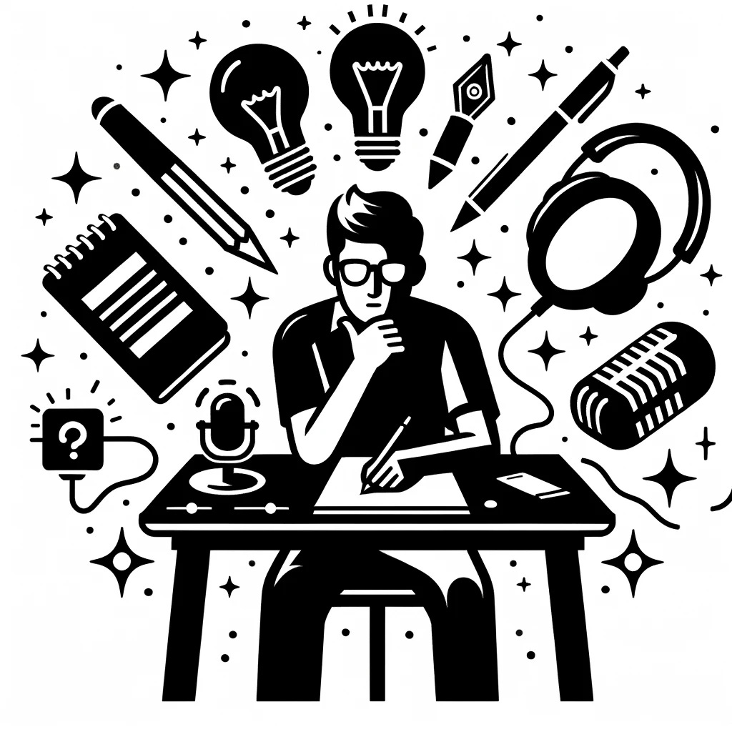 An illustration in vector style, featuring a person sitting at a desk in deep thought, surrounded by symbols of creativity and change