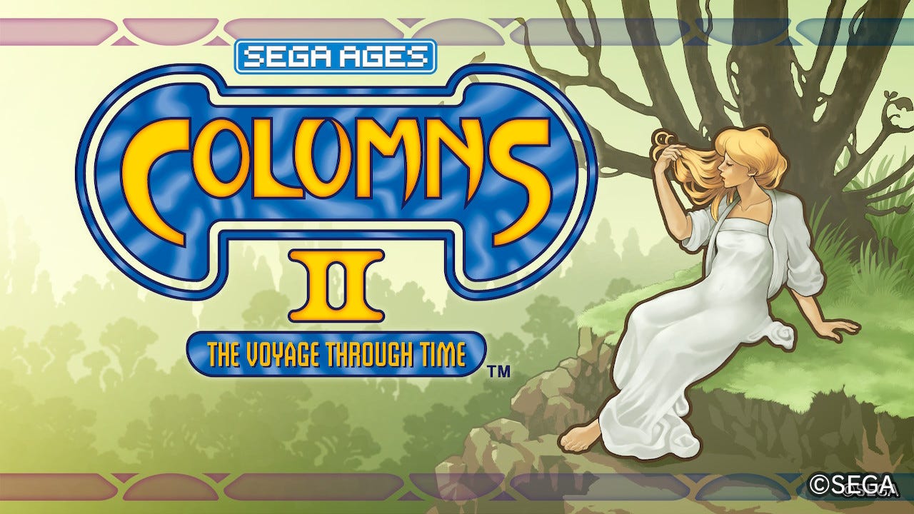 A screenshot of Columns II's title screen, featuring a woman in a white dress sitting next to the game's full title logo, which includes "The Voyage Through Time" subheading, as well as its Sega Ages designation on the Nintendo Switch