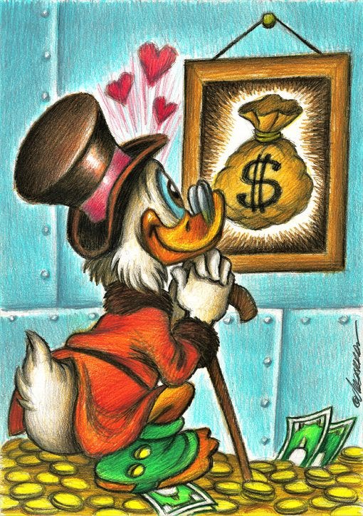 Joan Vizcarra – Uncle Scrooge in love with money – Painting – Original Art  – Corner4art