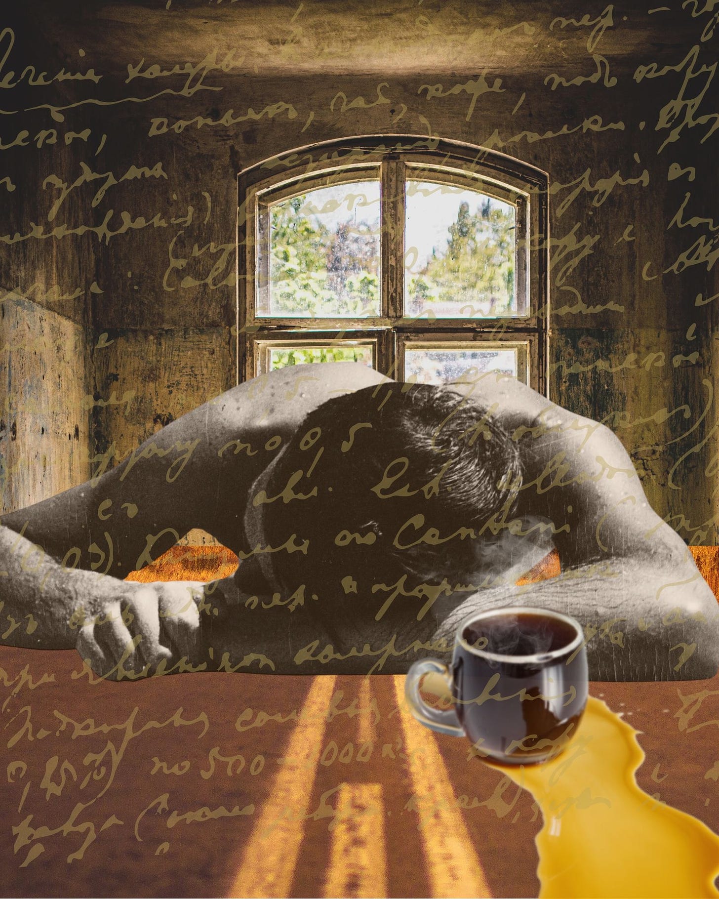 A warm colored image of a man with his head resting in between his arms. An open window is juxtaposed in the background. An open road in the foreground. A spilled coffee cup sits on his right side.