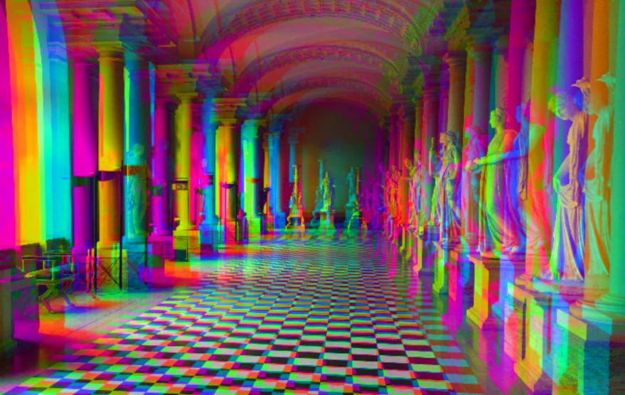 A glitchy photo of the nine muses seen in Gustav III's museum of antiquities in Stockholm, Sweden.