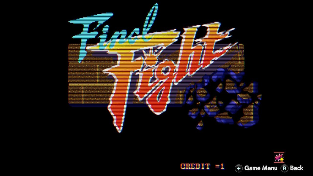 The Final Fight title screen, as seen in Capcom Arcade Stadium on the Switch. The game's logo is shown, as well as a brick wall that's been busted through somehow. 