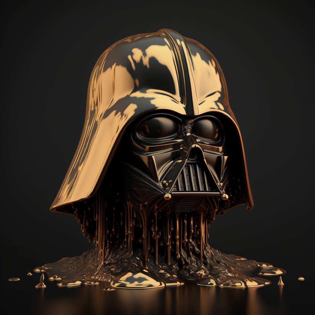 **Darth Vader helmet made of solid gold, dripping with melting gold, intricate, elegant, photorealistic, studio lighting, dark background, 8k