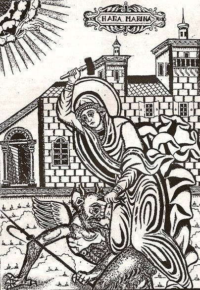 B/w woodcut-like illustration. St. Margaret the Great Martyr is pinning Satan (a winged, horned dragon-like humanoid) with one hand, with the other wielding a hammer over her head. In the upper left corner, a small hand is outstretched from sun-like rays in the sign of a blessing. Date on this illustration is 1858, Greece. B/w woodcut-like illustration. St. Margaret the Great Martyr is pinning Satan (a winged, horned dragon-like humanoid) with one hand, with the other wielding a hammer over her head. In the upper left corner, a small hand is outstretched from sun-like rays in the sign of a blessing. Date on this illustration is 1858, Greece.