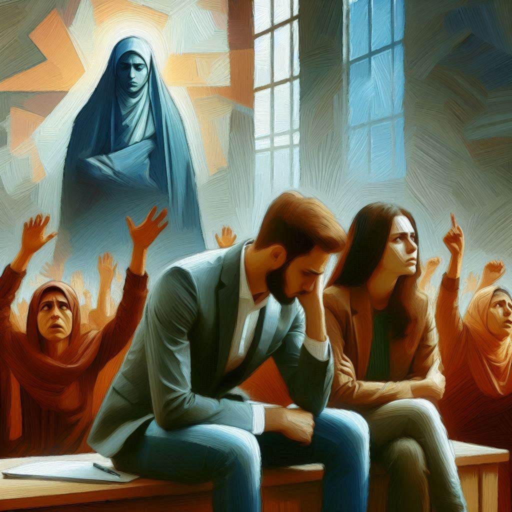 A modern oil painting style image of people upset about being deprived of their rights. 