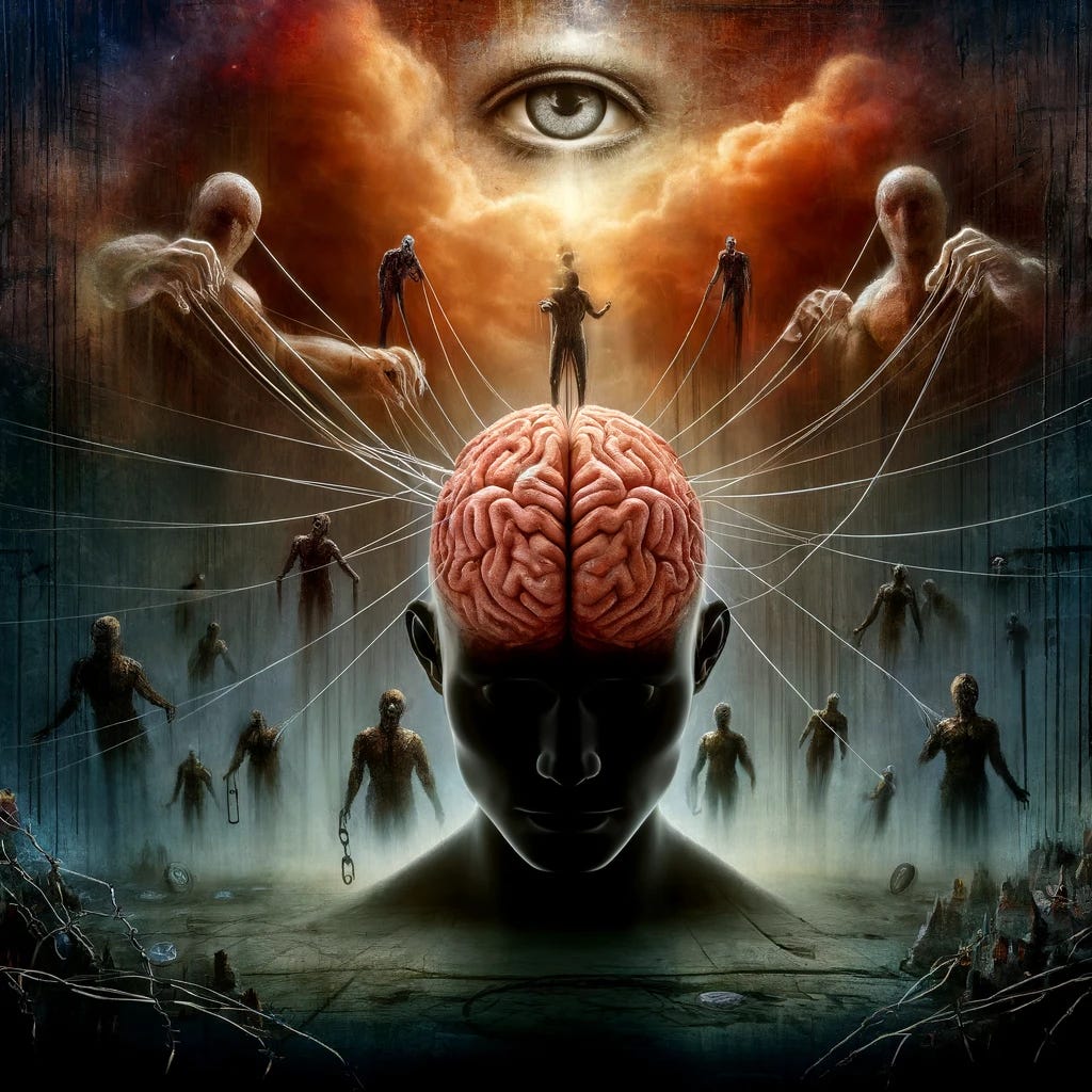 A surreal and dark scene depicting psychological manipulation and control. A human mind in the form of a brain is surrounded by shadowy figures with strings, symbolizing control. The background is an abstract, eerie landscape with elements of fear and oppression, such as broken chains, barbed wire, and eyes watching from the darkness. The overall mood should be ominous and unsettling, reflecting the theme of mental subjugation and manipulation.
