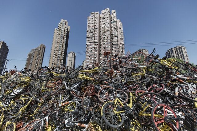 Ride-sharing bicycles piled up in Shanghai in Sept. 2017.