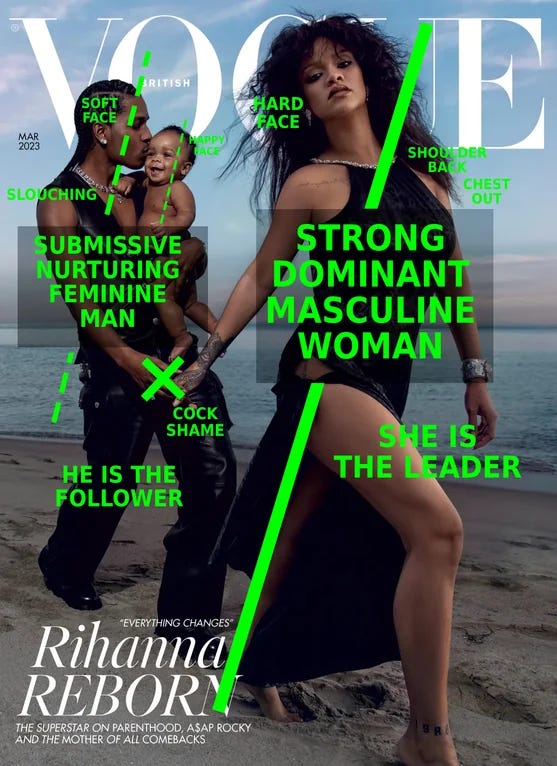 A picture of Rhianna, A$AP Rocky, and their son on the cover of Vogue, edited by some weirdo with strange green text A picture of Rhianna, A$AP Rocky, and their son on the cover of Vogue, edited by some weirdo with strange green text