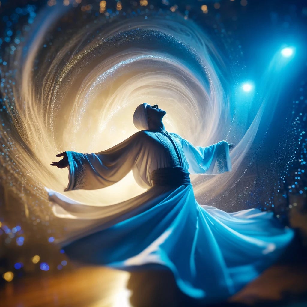 A mystical Sufi dancer in ecstatic twirl, deep blues and golden lights, white flowing robe spreads like a halo, face uplifted and eyes closed in trance, surroundings blur into swirl of colors, atmosphere charged with spiritual energy, shimmering air with guiding music, spiritual, divine connection theme.