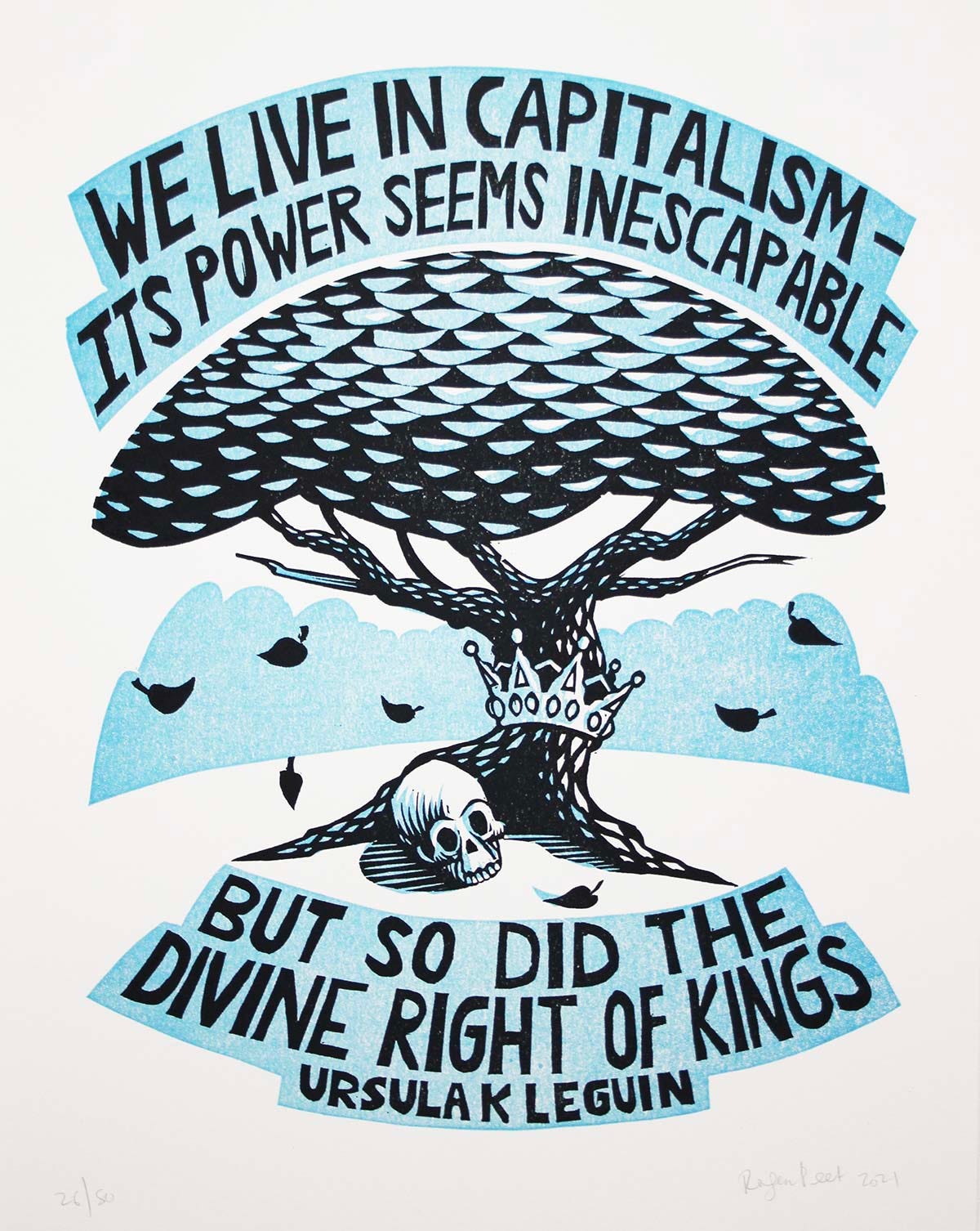 Illustration of Ursula K. Le Guin quote. There is a tree with a crown around its trunk, and a skull at its base.