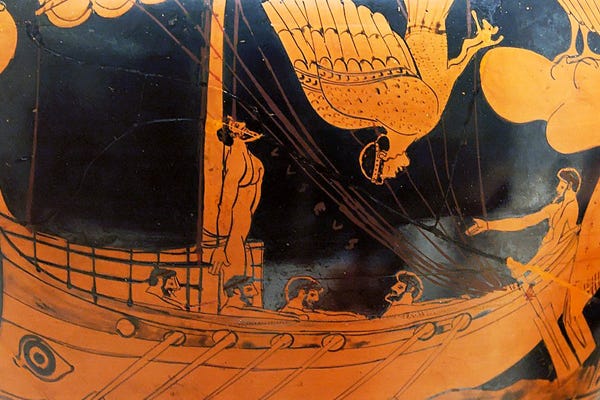 Odysseus and the Sirens detailed on an Attic red-figured stamnos.