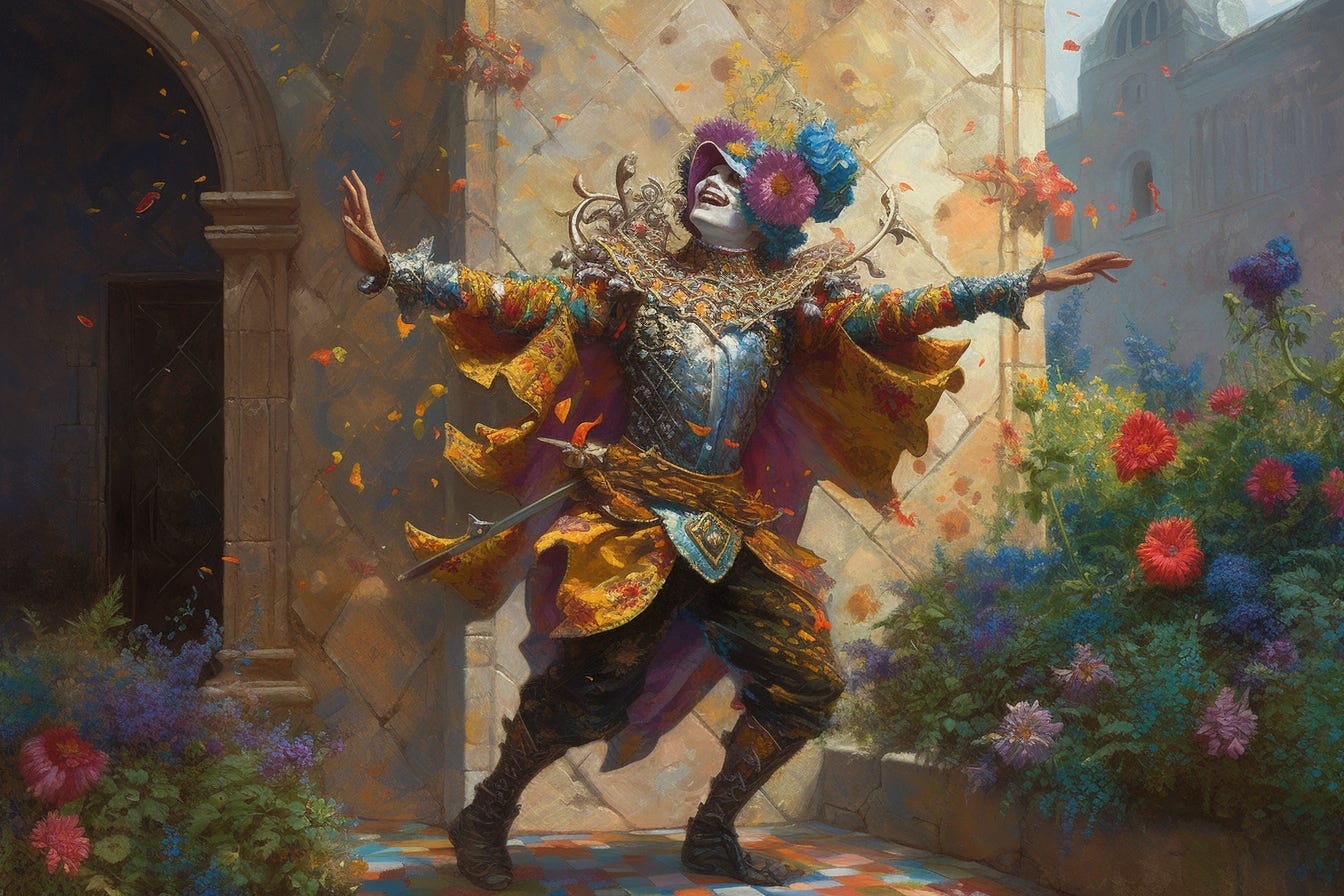 A colorful jester dancing joyfully outside the gates of a grey, uniform castle. The jester's wild and creative gestures are turning into beautiful, vibrant flowers