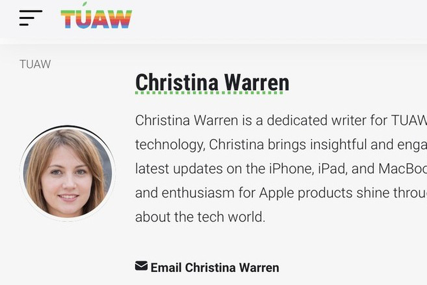 A TUAW website author profile for a Christina Warren, with her bio.