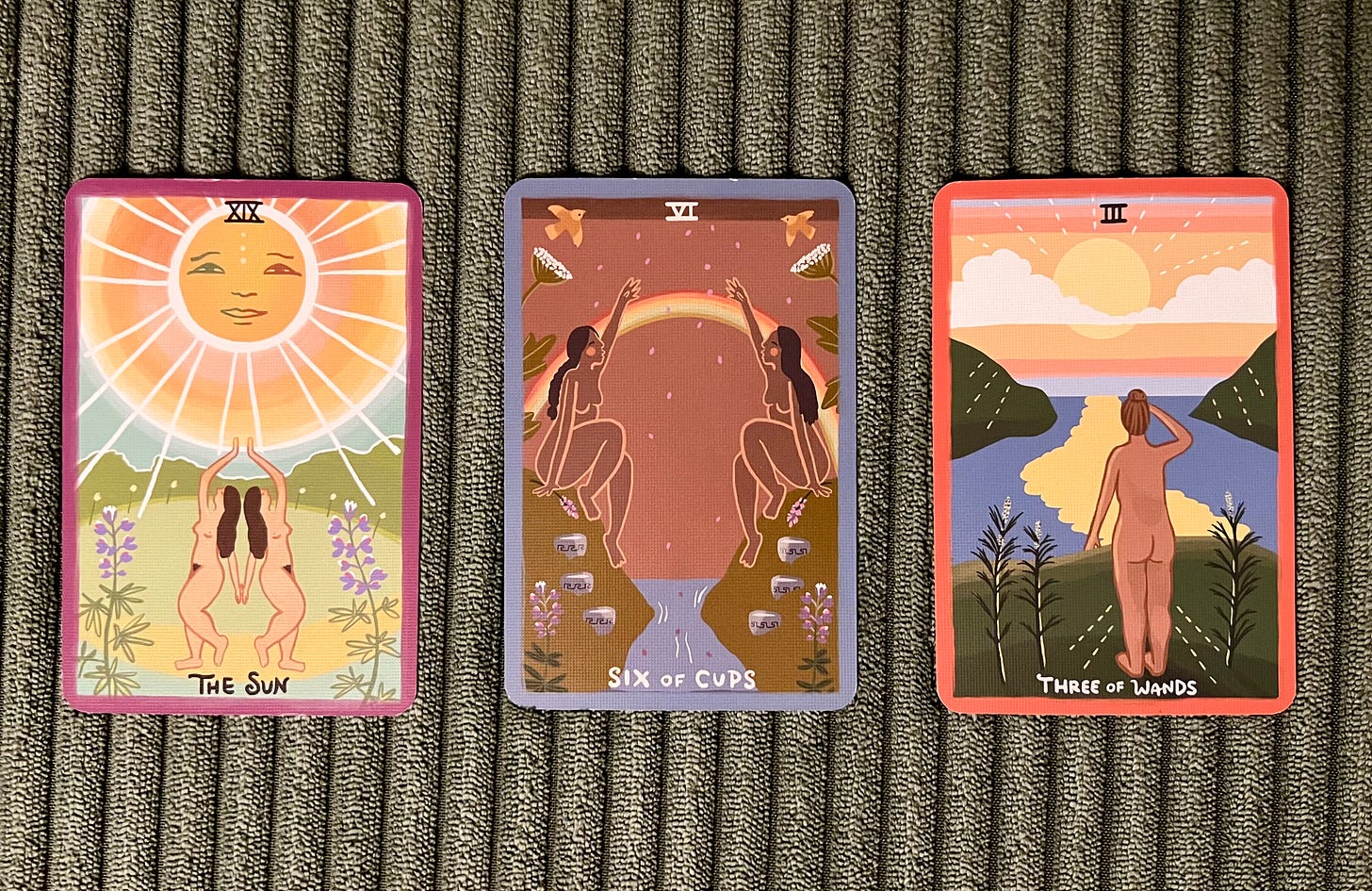 A three-card Tarot spread showing, from left to right, The Sun, Six of Cups, and Three of Wands