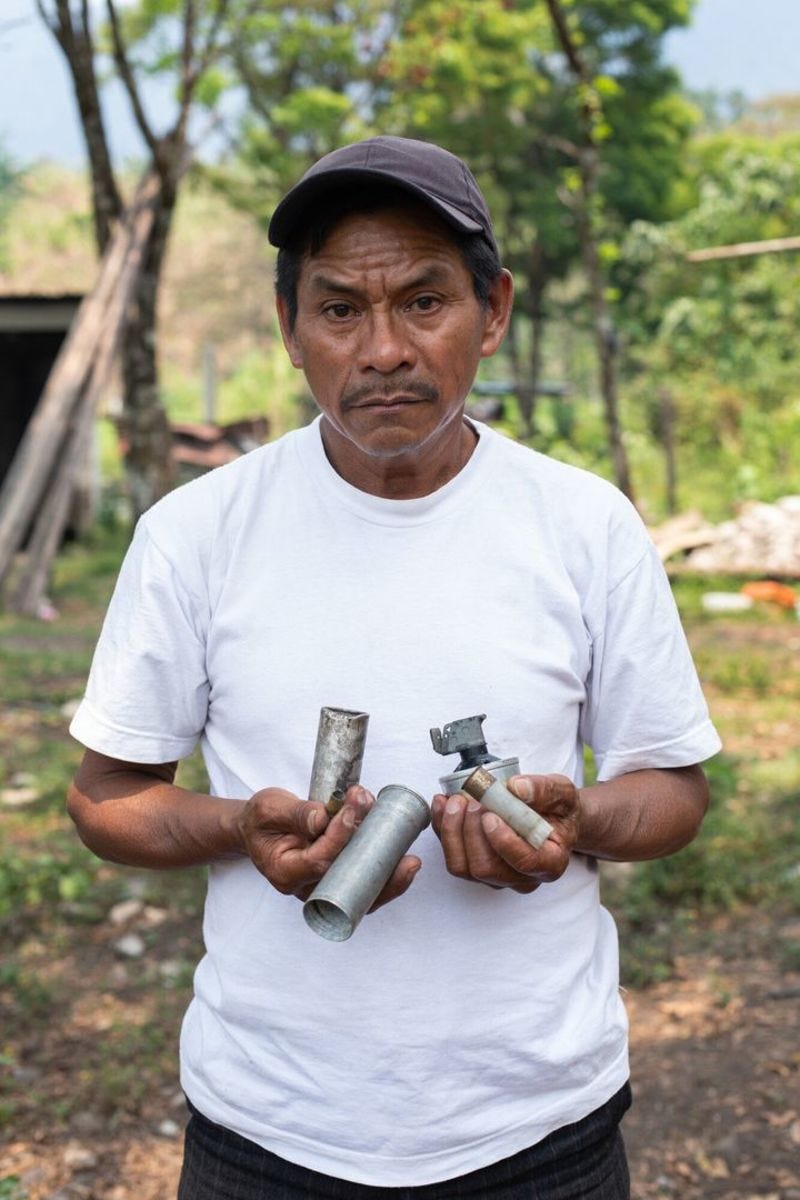 Joel Raymundo Domingo, 55, photographed in April, holds smoke bombs, tear gas canisters and other projectiles used by Guatema