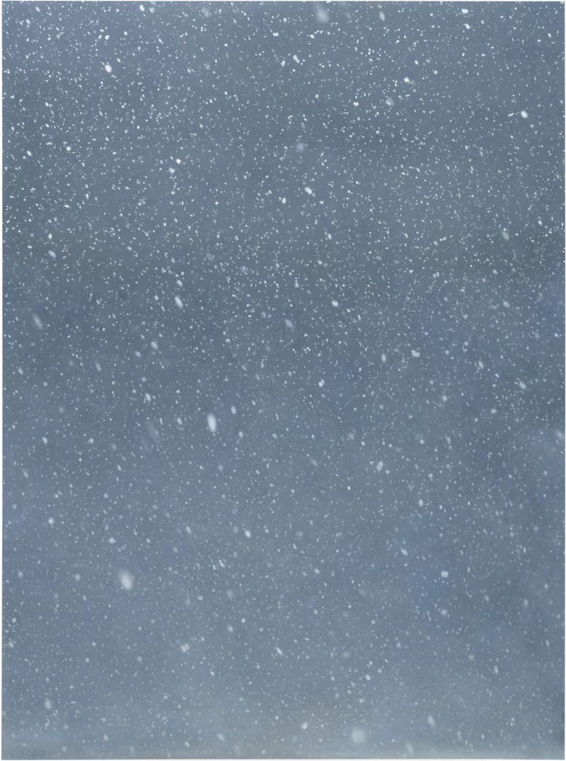 The painting Snowfall (Blue) by Vija Celmins. A field of blue-gray light with innumerable white dots: some are small and seemingly distant, others are larger as if blurred by being close to a camera lens. The sensation is of snow falling from a sky at twilight.