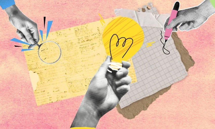 Three hands interact with creative elements on a textured pink background: one holds a magnifying glass over text, another holds a glowing light bulb, and the third uses a pink marker on graph paper. Torn paper adds a collage effect.