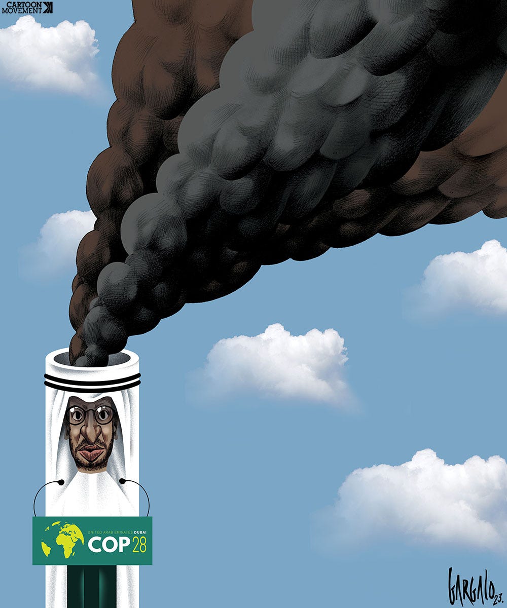 Cartoon showing the Cop28 president Sultan Al Jaber as he gives a speech behind a COP28 lectern. His face is shaped like chimney, with black smoke coming out.