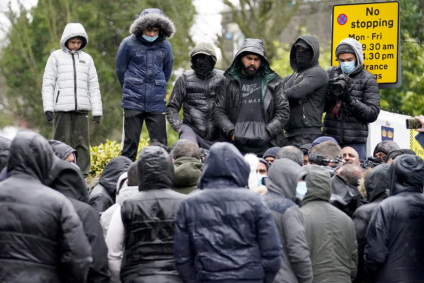 People gather outside Batley Grammar School in 2021 after a teacher was suspended for showing an image of the Prophet Muhammad. (Photo by Christopher Furlong/Getty Images.)