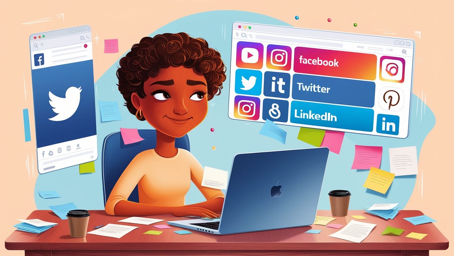 A modern, vibrant illustration depicting a person, likely in their mid-twenties with warm, golden skin tone and curly brown hair, sitting in front of a sleek wooden desk with a laptop and multiple social media tabs open on the screen, surrounded by scattered papers, colorful sticky notes, and a few empty coffee cups, conveying a sense of busyness and productivity. The person's facial expression is thoughtful, with furrowed eyebrows and a slight smile, indicating focus and determination. The background is a soft, calming blue tone, representing clarity and decision-making. The social media tabs are prominently displayed, with logos and icons of popular platforms like Facebook, Twitter, Instagram, and LinkedIn, each with its distinct color scheme and typography. The overall style is minimalist, with clean lines, gentle textures, and a mix of digital and analogue elements, blending modern technology with traditional creativity.