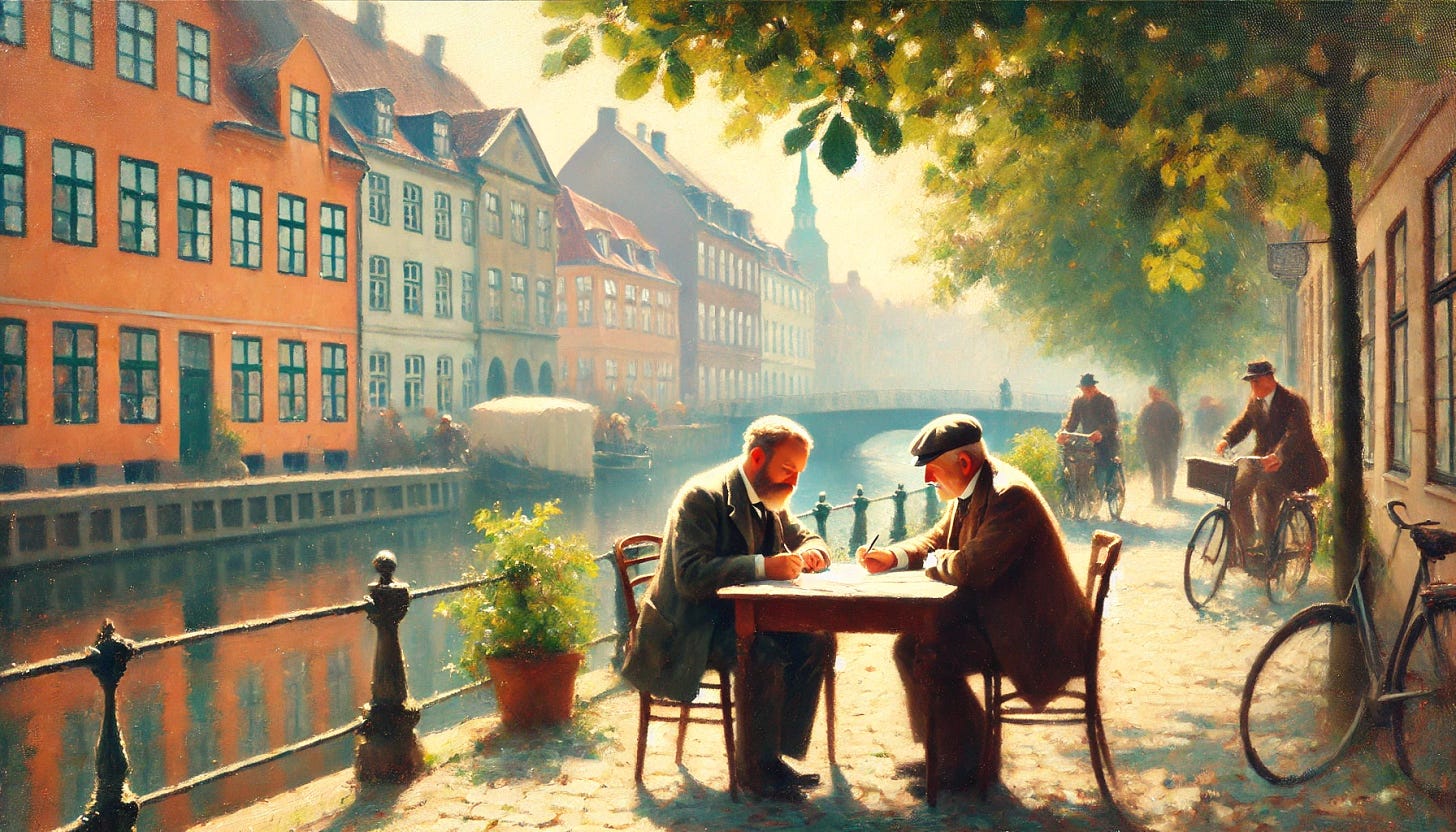 An impressionistic oil painting of two men sitting at a table, collaboratively solving a problem with a pen in hand. The scene is reminiscent of Fritz Syberg's style, filled with soft, dappled light and a serene atmosphere. Old European buildings and a canal reflecting the historic charm of Copenhagen form the background. The men are deeply engaged in their task, with the light creating a peaceful mood. The color palette is gentle and pastel-like, capturing the essence of a sunny, tranquil day, adding calmness to the moment of problem-solving.